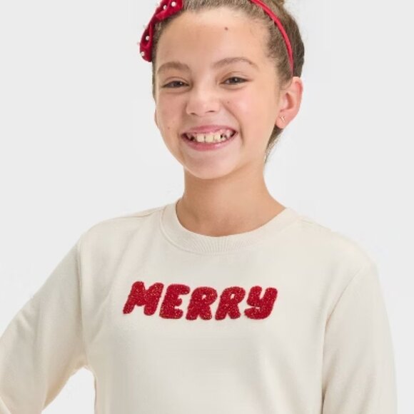 NEW Girls' French Terry 'Merry' Pullover Sweater - Cat & Jack™ Beige - Picture 2 of 9